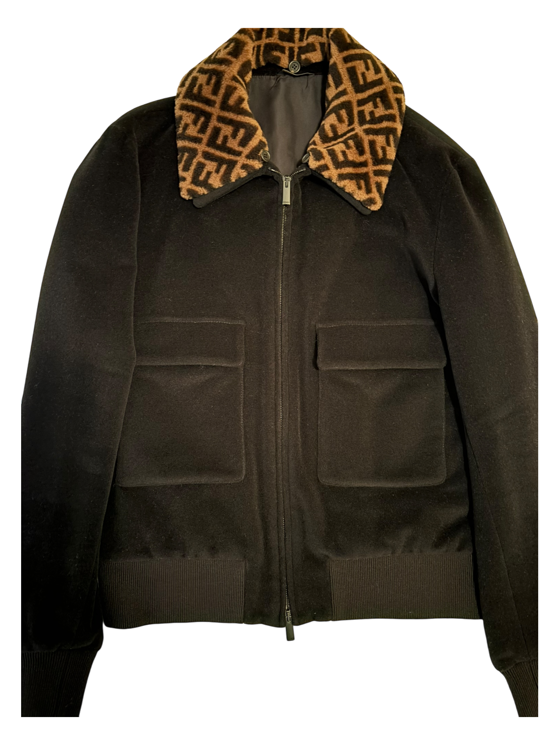 Fendi Men's Wool Bomber Coat with Shearling Logo Collar IT Size 52