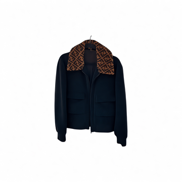 Abrigo bomber de lana Fendi para hombre con cuello de piel de oveja y logotipo, talla IT 52