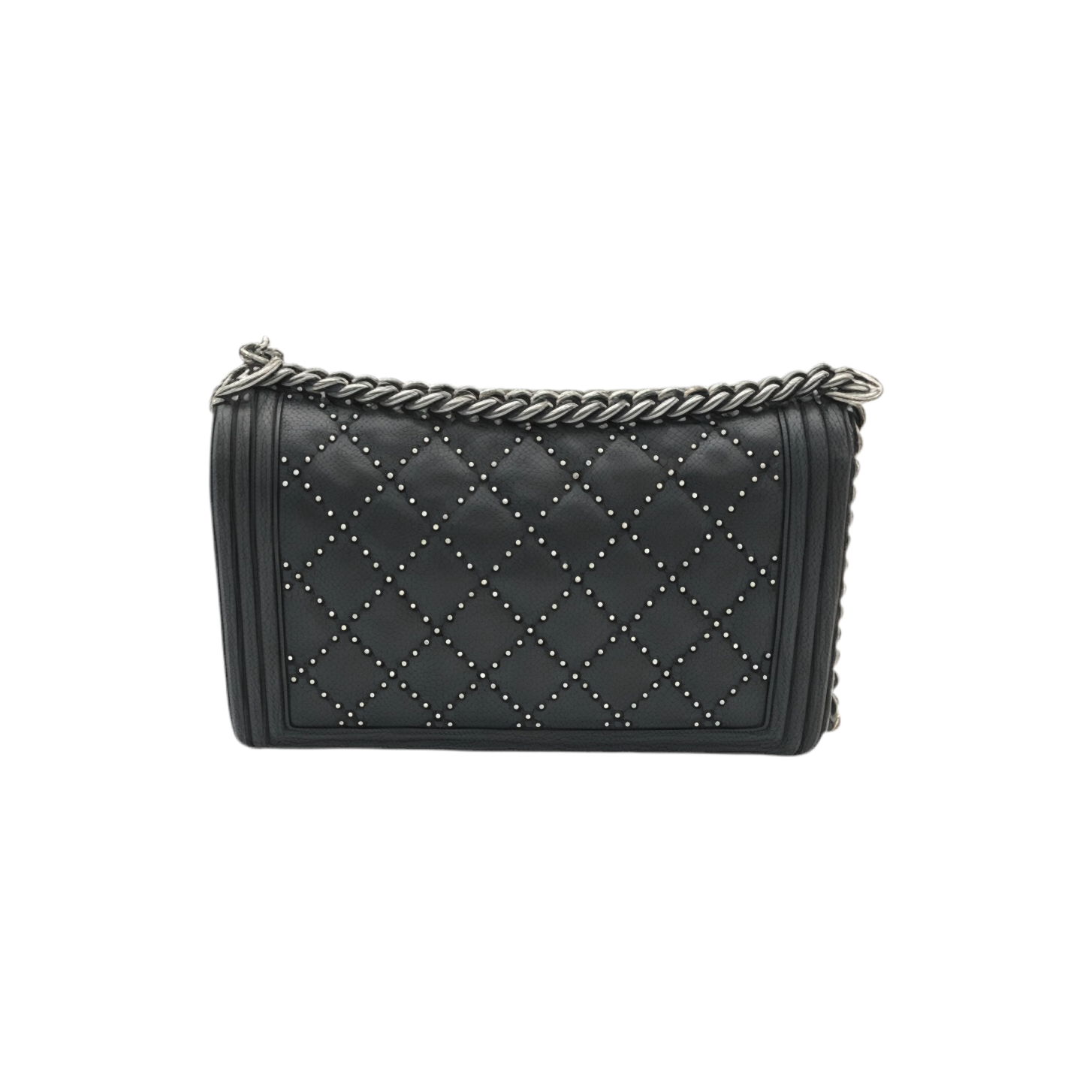 Back view of black quilted medium Chanel  Boy Bag handbag with chain strap on a white background