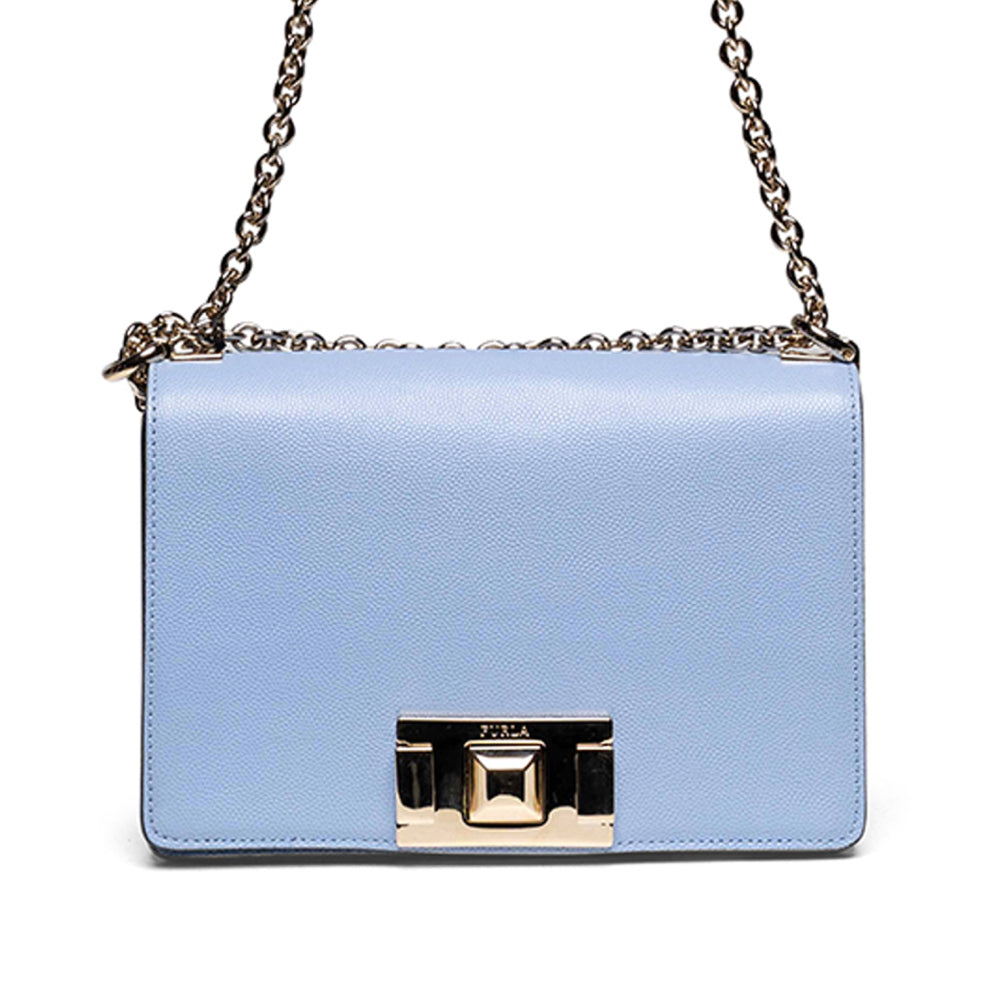 Bolso bandolera Furla de piel con cadena, color azul bebé