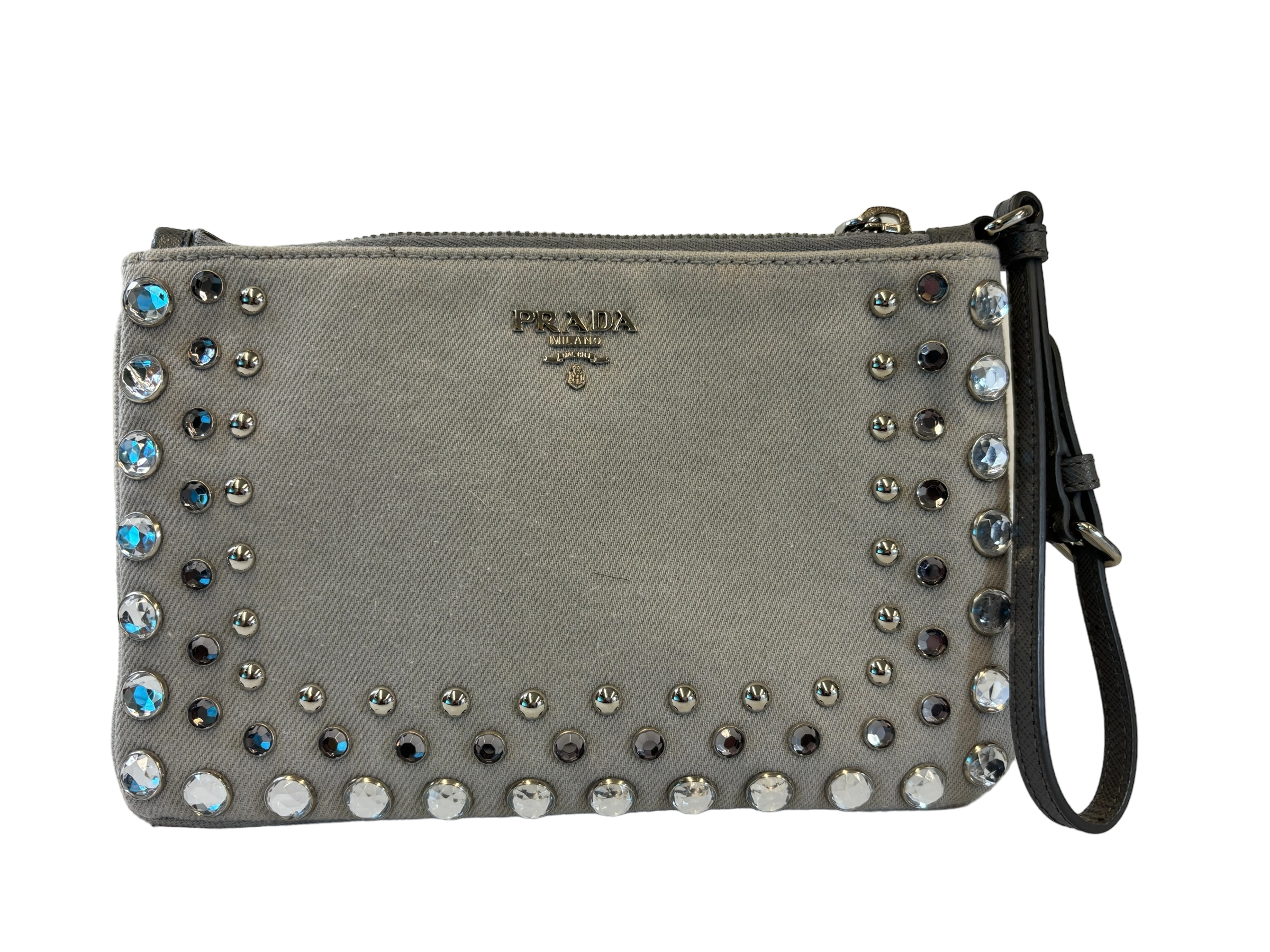 Authentic, pre-owned denim Prada Clutch bag with studs