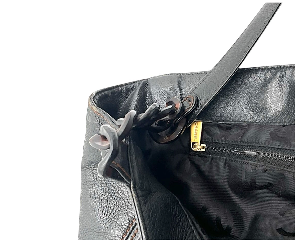 Authentic, Pre-owned Chanel Leather & Wooden Chain Handle Tote Bag
