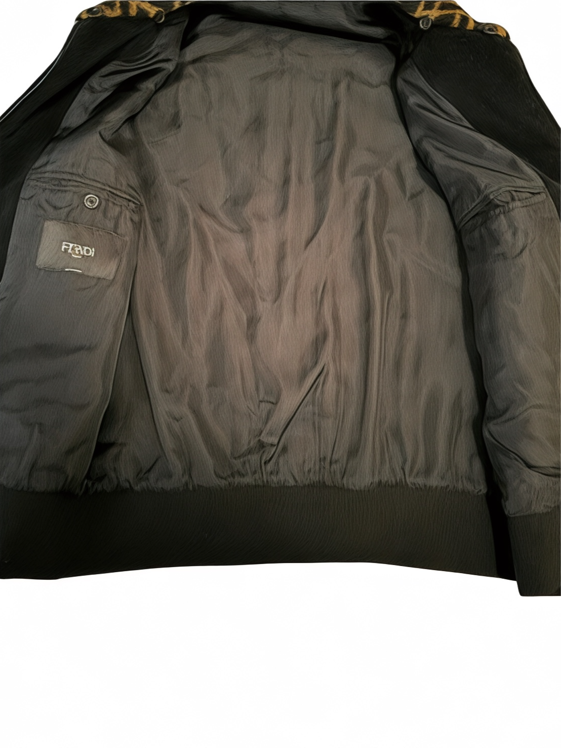 Abrigo bomber de lana Fendi para hombre con cuello de piel de oveja y logotipo, talla IT 52