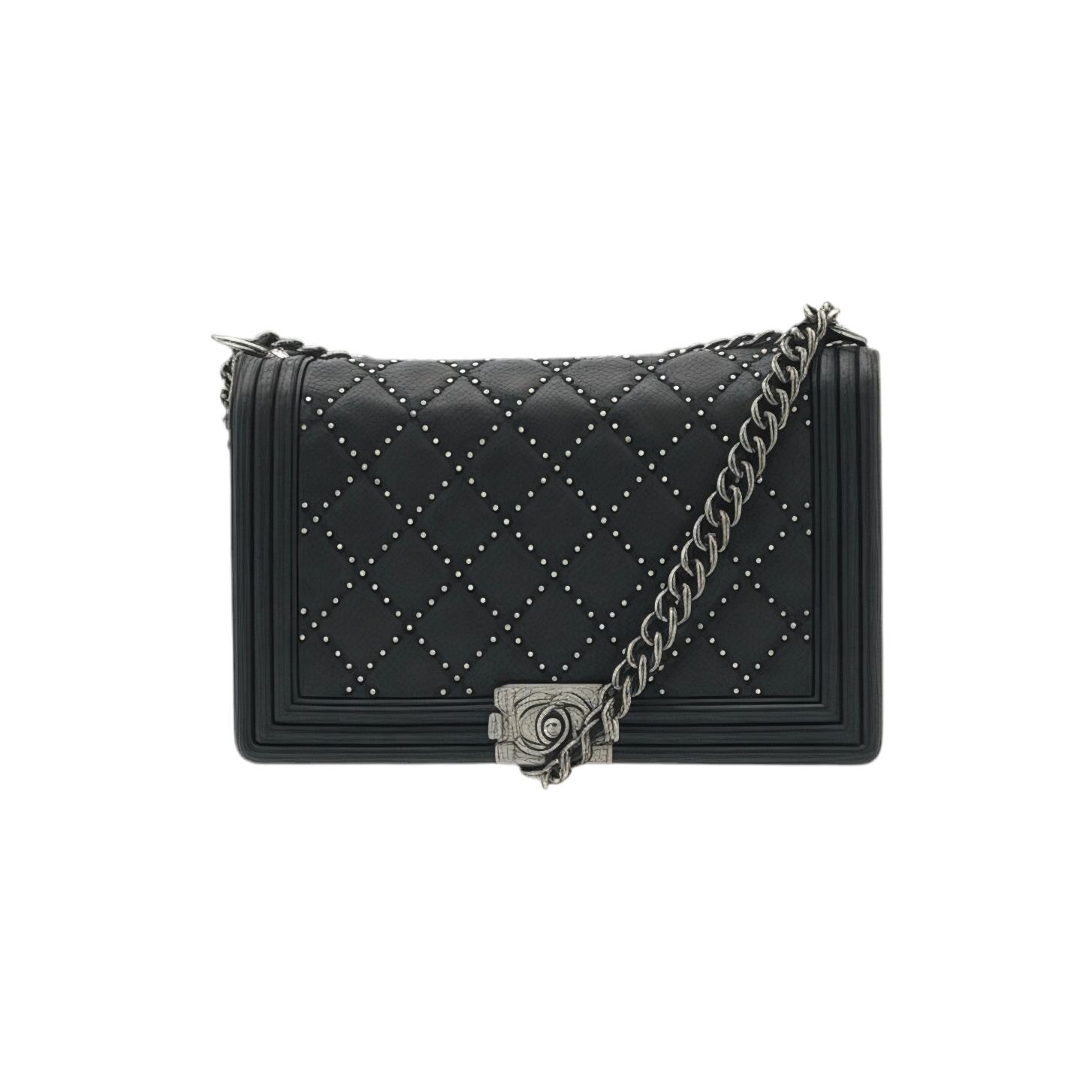 Front view of black quilted medium Chanel Boy Bag with chain strap on a white background