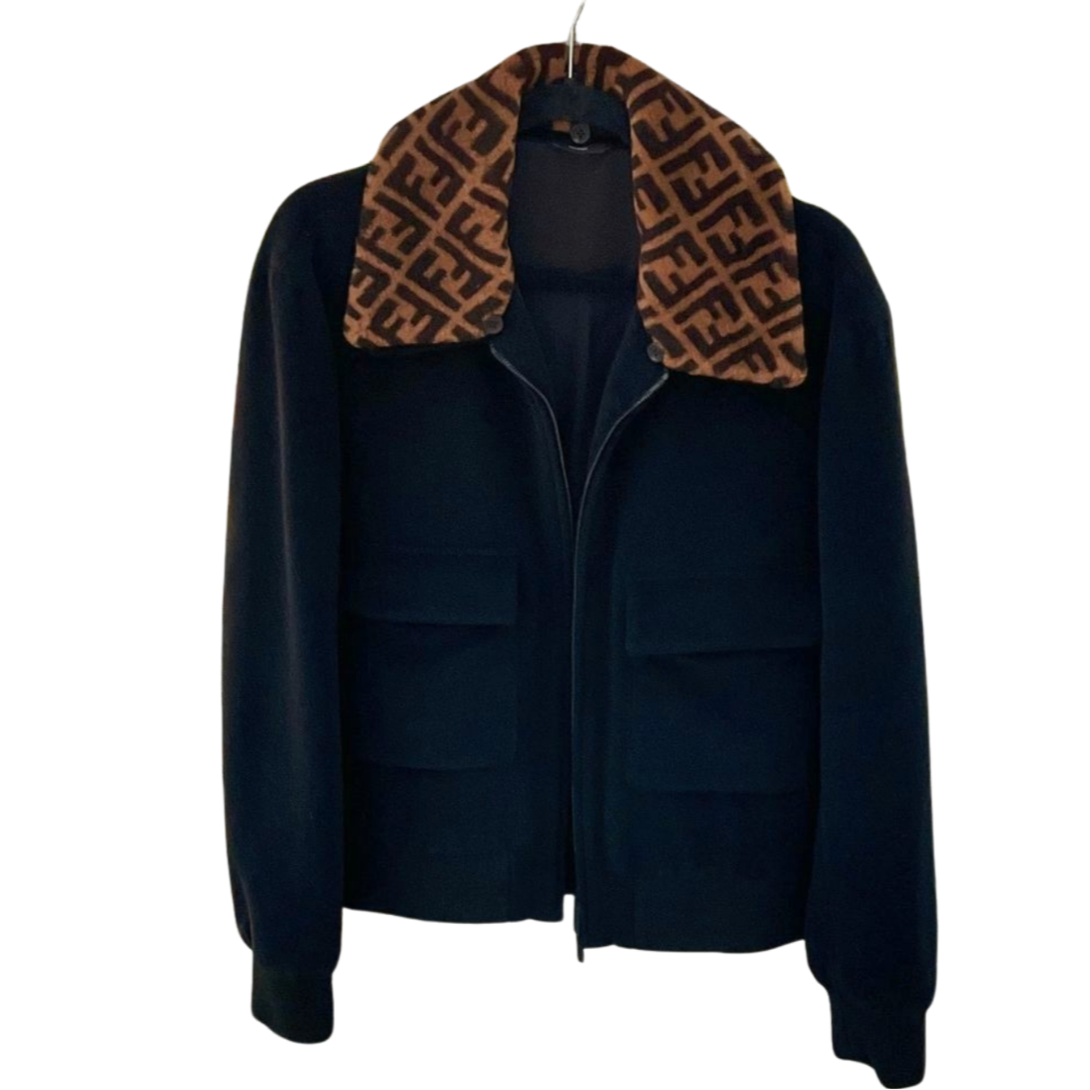 Fendi Men's Wool Bomber Coat with Shearling Logo Collar IT Size 52