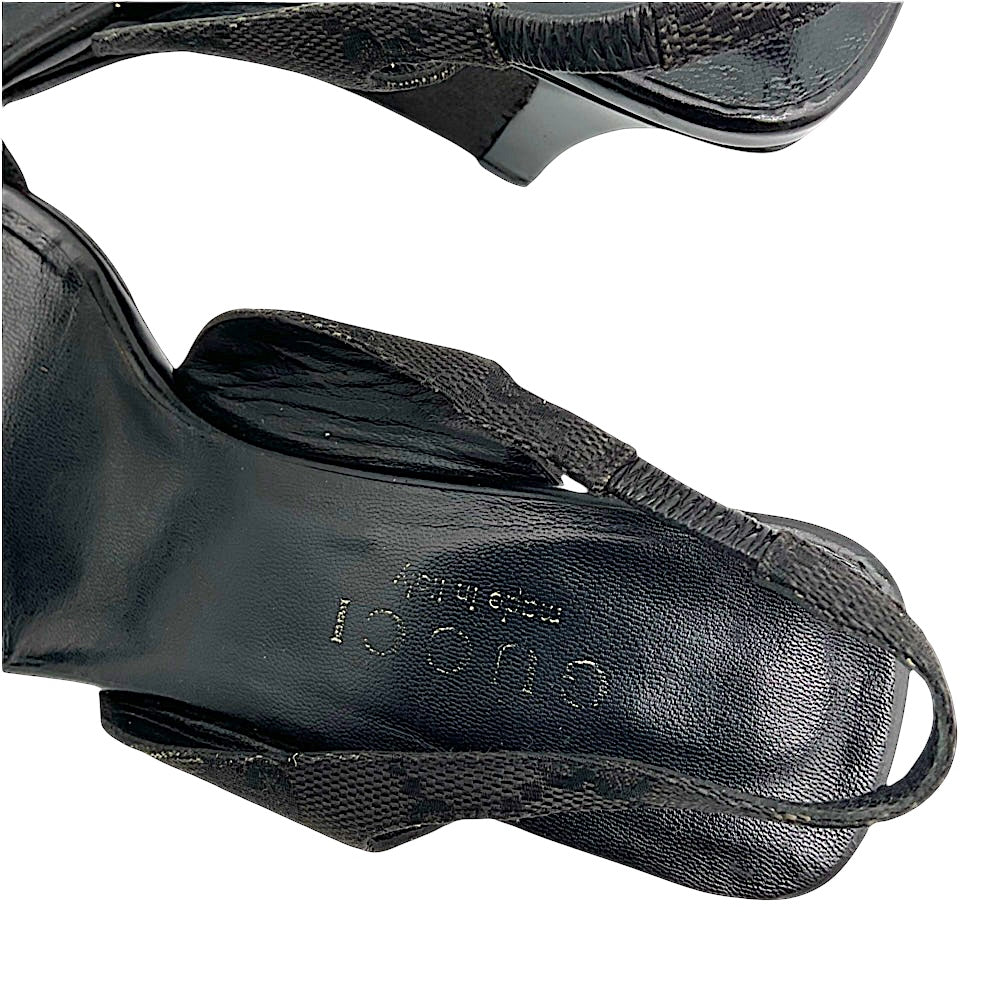 Insole of black vintage wedge-heeled sandal with  Gucci branding  branding on a white background
