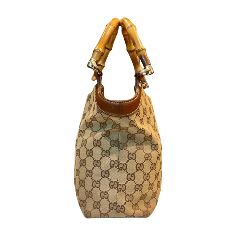 Bolso satchel de lona con monograma Gucci y asa de bambú