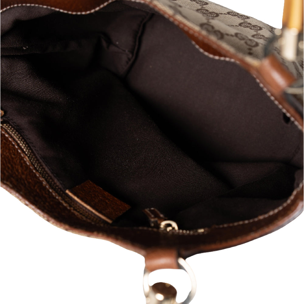 Bolso satchel de lona con monograma Gucci y asa de bambú