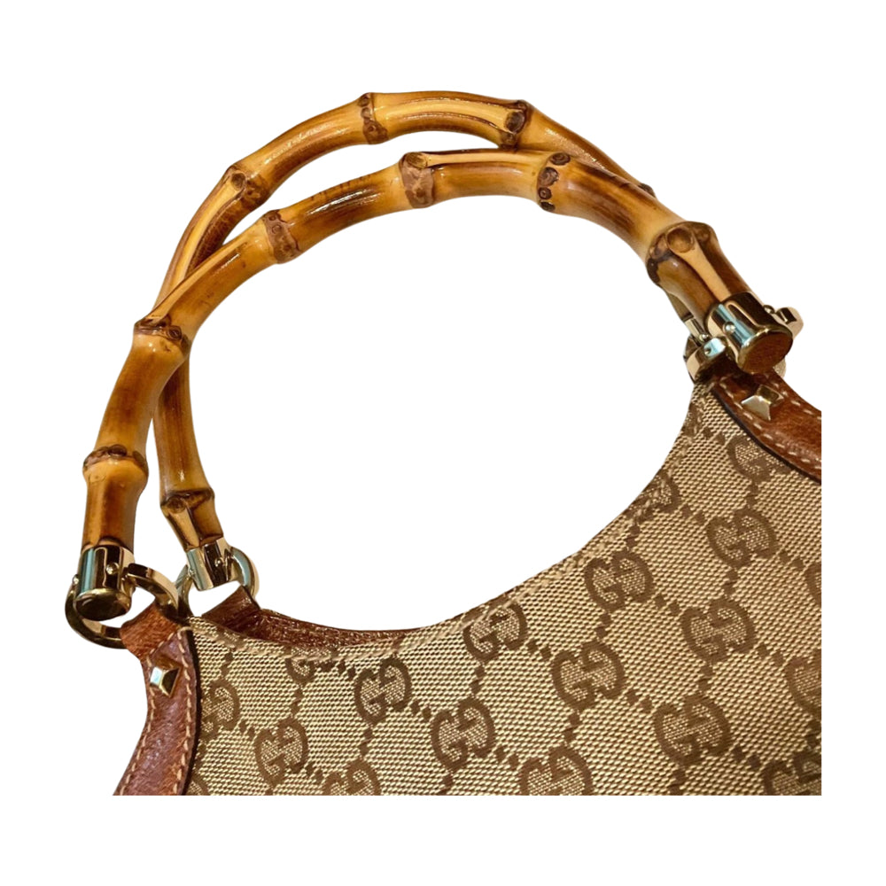 Bolso satchel de lona con monograma Gucci y asa de bambú