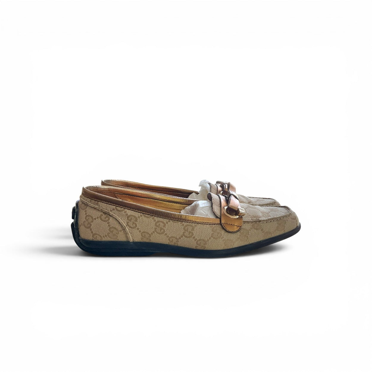 Gucci Canvas Monogram Loafers, Beige/Bronze EU 38