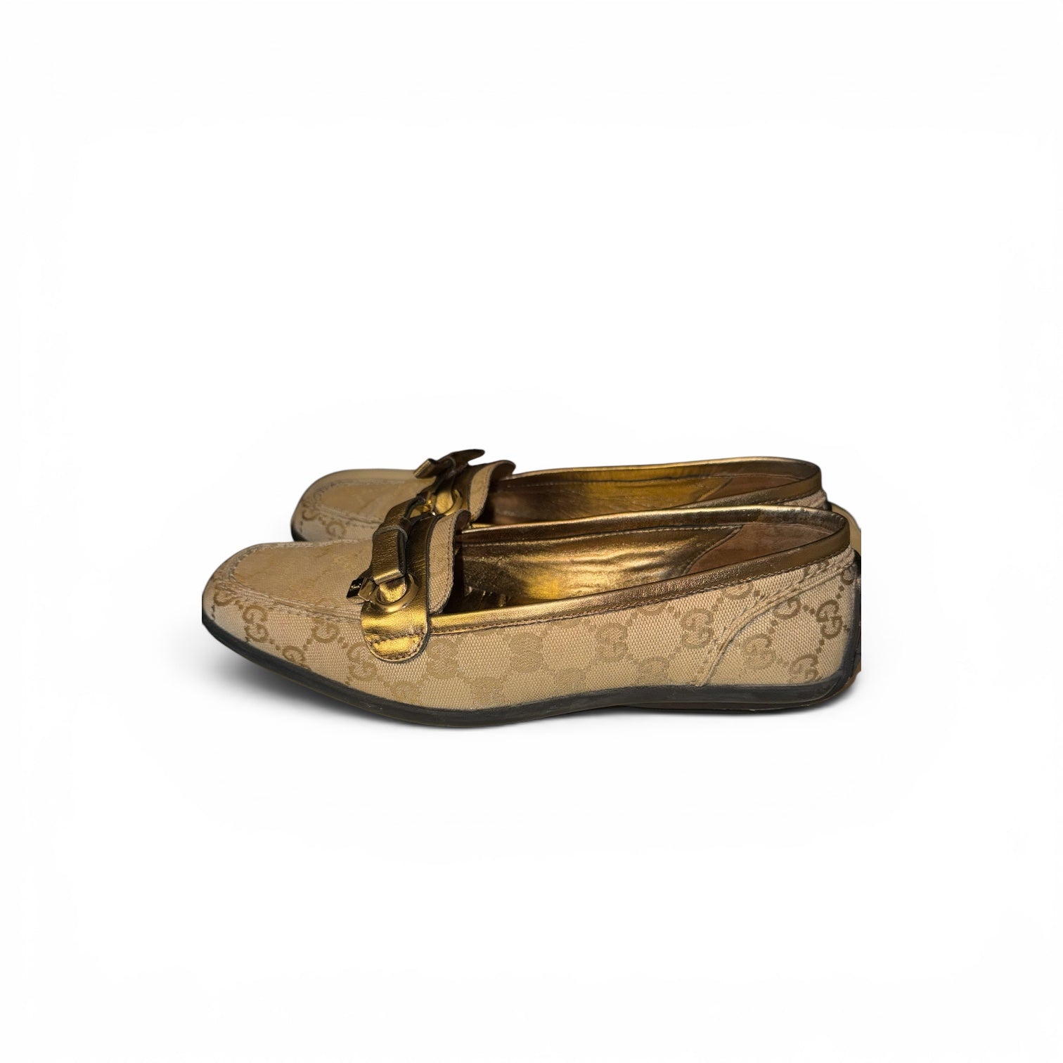 Gucci Canvas Monogram Loafers, Beige/Bronze EU 38