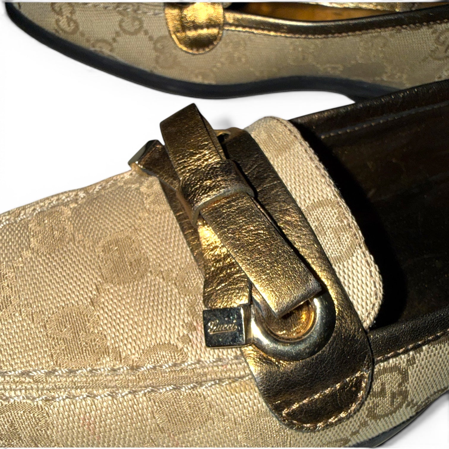 Gucci Canvas Monogram Loafers, Beige/Bronze EU 38