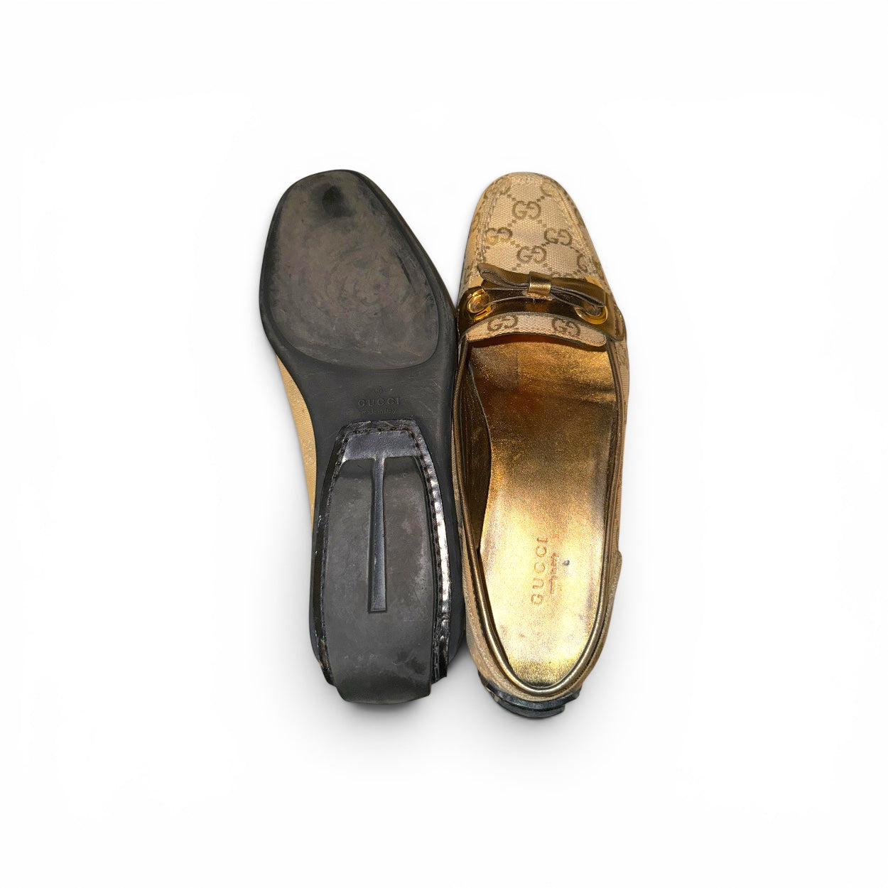 Gucci Canvas Monogram Loafers, Beige/Bronze EU 38