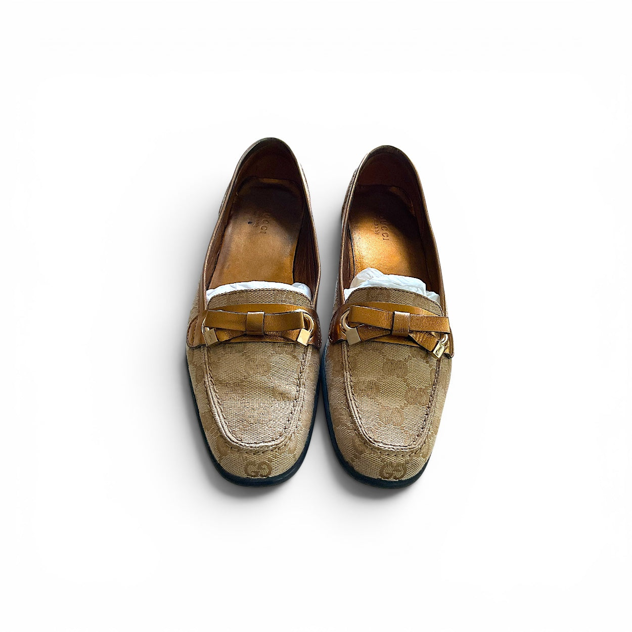 Gucci Canvas Monogram Loafers, Beige/Bronze EU 38