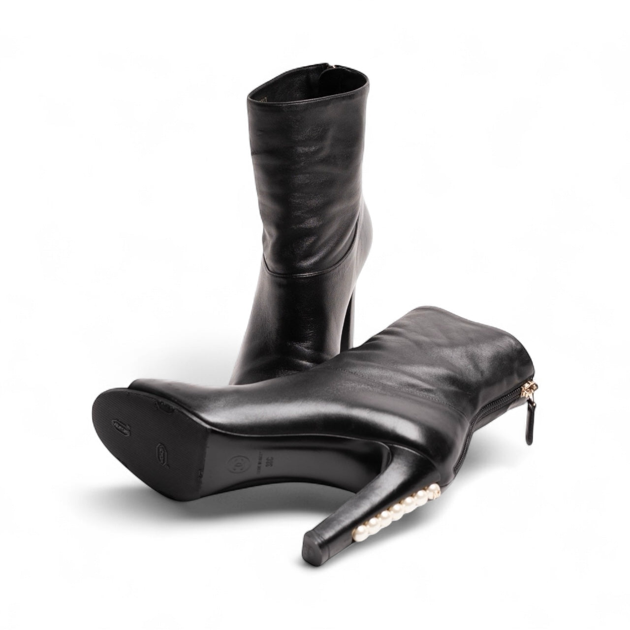 Authentic, Pre-owned Vintage Chanel Open-Toe Ankle Boots With Pearl Detail, Black, EU 38
