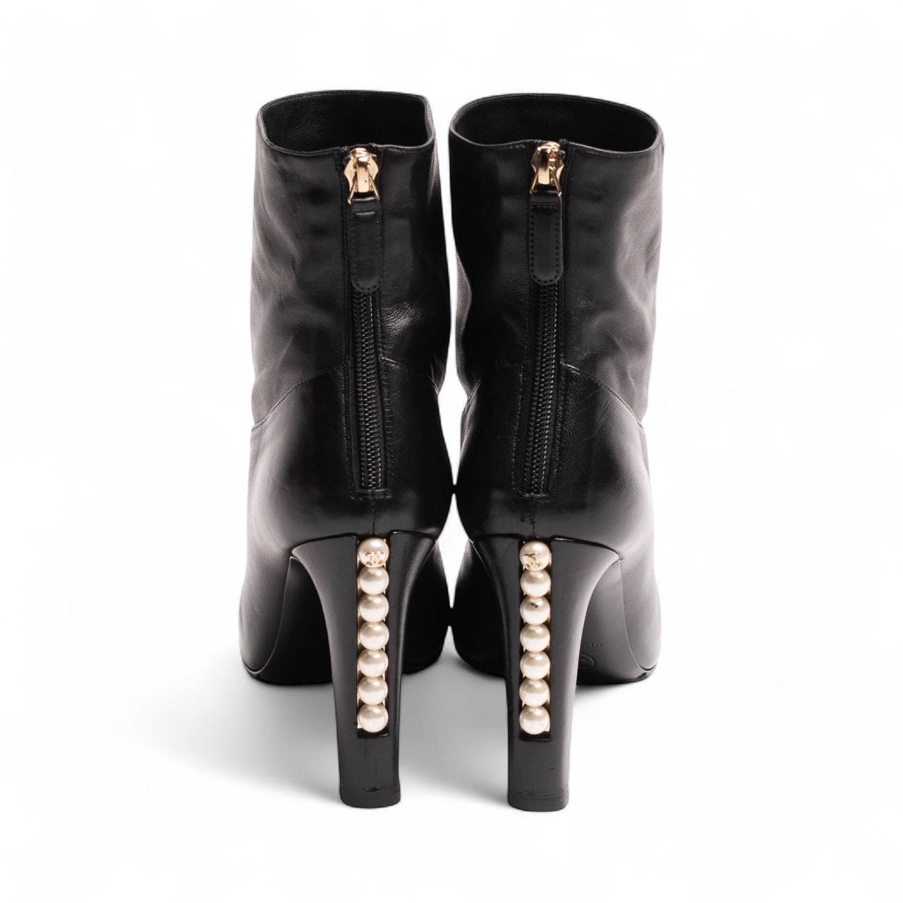 Authentic, Pre-owned Vintage Chanel Open-Toe Ankle Boots With Pearl Detail, Black, EU 38