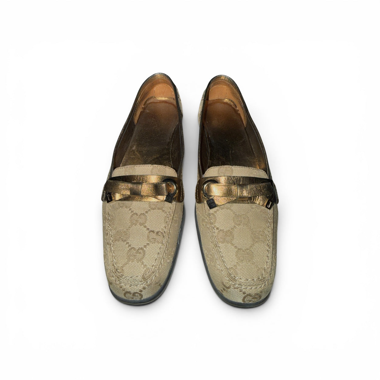 Gucci Canvas Monogram Loafers, Beige/Bronze EU 38