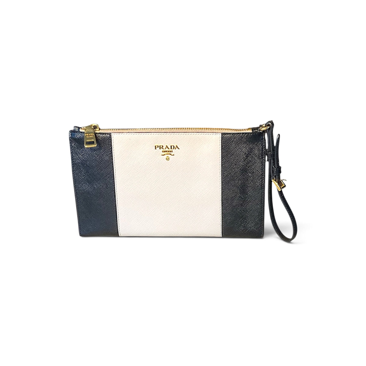 Pre-owned Prada Saffiano Flat Pouch Clutch, Black & White
