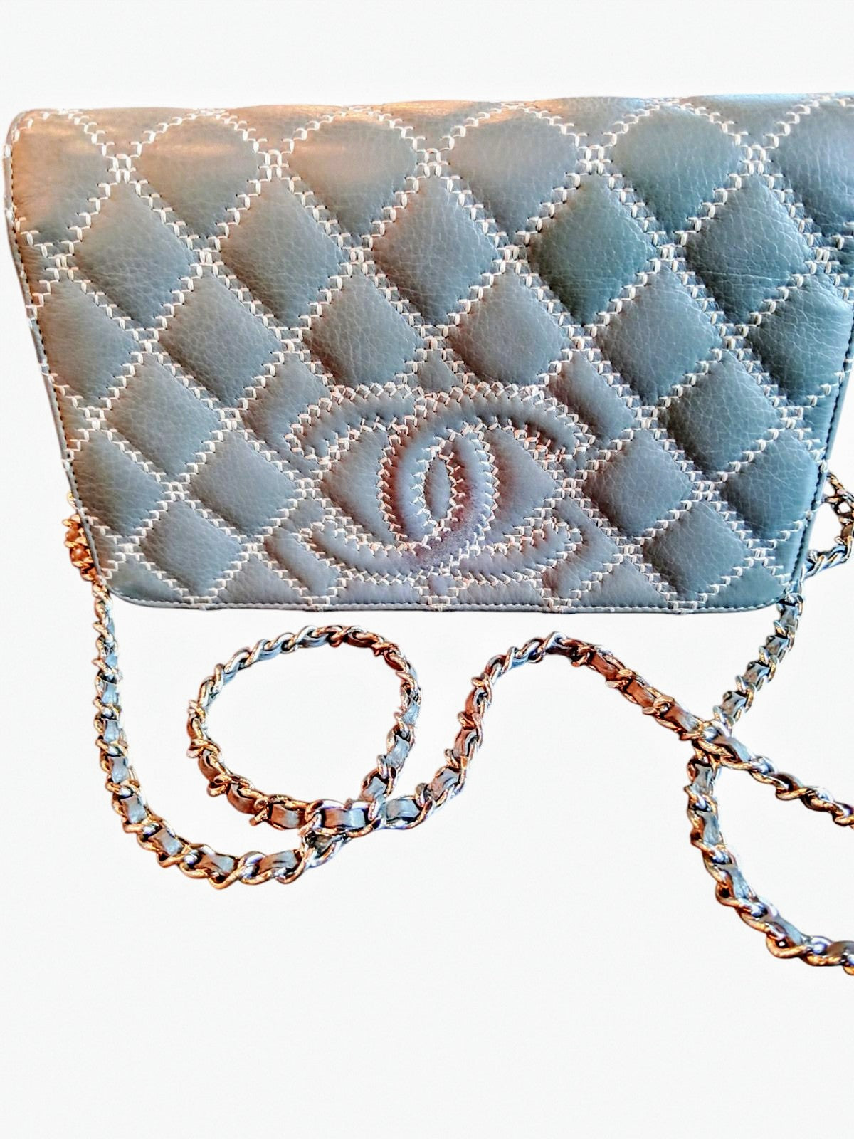 Chanel Quilted Wildstitch Wallet On A Chain (WOC), Grey & Pink Leather